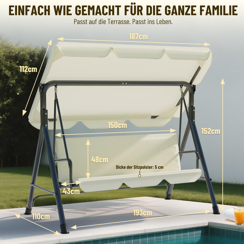 Soontrans 3-Sitzer Hollywoodschaukel, Familienzeit mit Leichtigkeit, Gartenschaukel mit Sonnendach & Gestell & Gepolsterte Sitzauflage, Belastbar bis 200 kg, aus Stahl (193 x 110 x 152 cm, Beige)