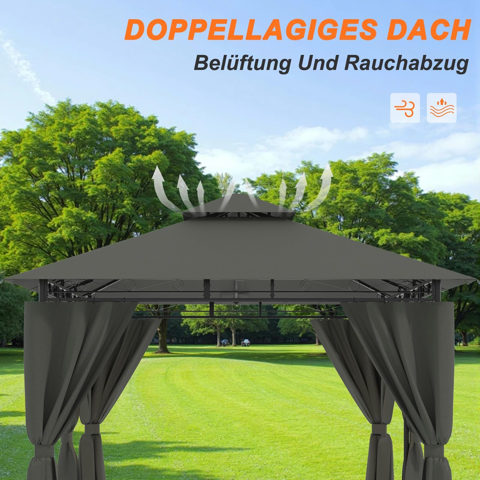 Devoko Garden Pavillon 3x3 Wasserdicht Stabil Winterfest Deluxe Gazebo, UV-Schutz 50+ Doppellagiges Grilpavillons mit seitenwänden für 4-8 Personen, Partyzelt für Freizeit, Partys,Grau mit LED