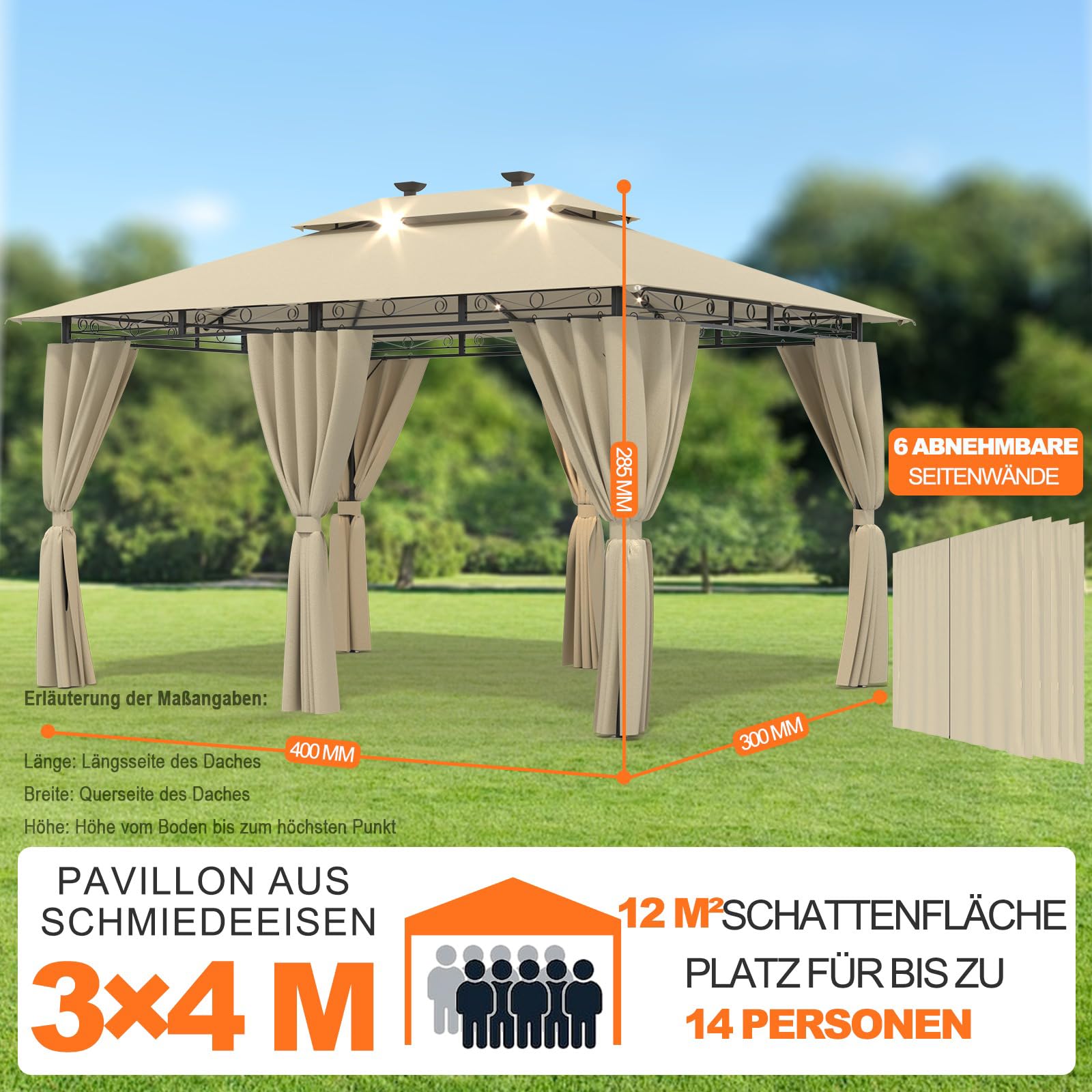Devoko Garden Pavillon 3x3 Wasserdicht Stabil Winterfest Deluxe Gazebo, UV-Schutz 50+ Doppellagiges Grilpavillons mit seitenwänden für 4-8 Personen, Partyzelt für Freizeit, Partys,Grau mit LED