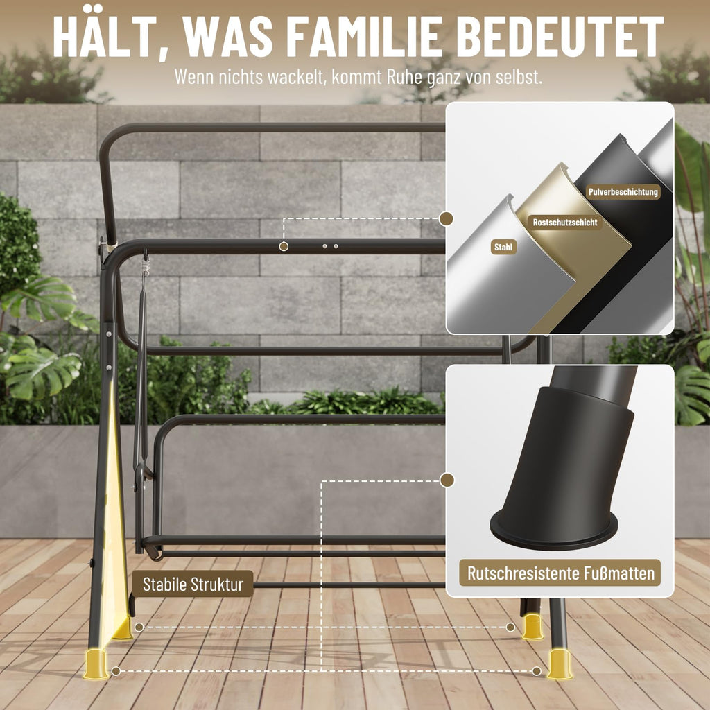 Soontrans 3-Sitzer Hollywoodschaukel, Familienzeit mit Leichtigkeit, Gartenschaukel mit Sonnendach & Gestell & Gepolsterte Sitzauflage, Belastbar bis 200 kg, aus Stahl (193 x 110 x 152 cm, Beige)