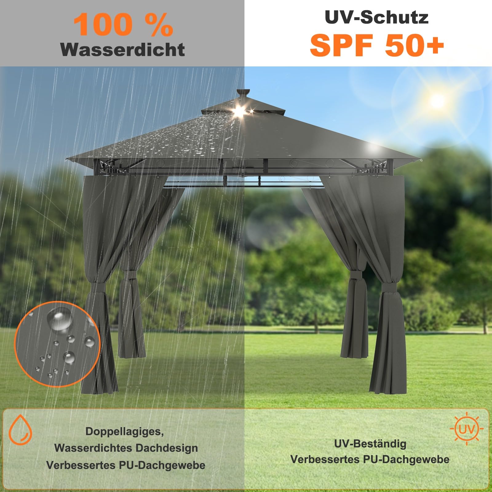 Devoko Garden Pavillon 3x3 Wasserdicht Stabil Winterfest Deluxe Gazebo, UV-Schutz 50+ Doppellagiges Grilpavillons mit seitenwänden für 4-8 Personen, Partyzelt für Freizeit, Partys,Grau mit LED