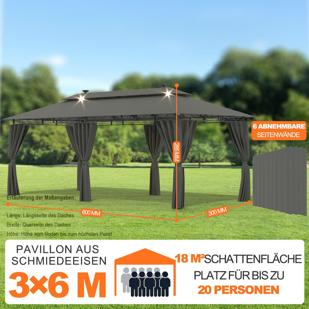 Devoko Garden Pavillon 3x3 Wasserdicht Stabil Winterfest Deluxe Gazebo, UV-Schutz 50+ Doppellagiges Grilpavillons mit seitenwänden für 4-8 Personen, Partyzelt für Freizeit, Partys,Grau mit LED