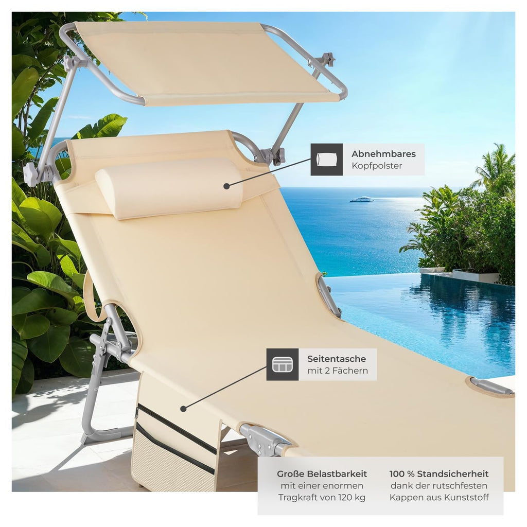 tectake® Sonnenliege klappbar, tragbar, Liege mit Seitentasche, Strandliege, Gartenliege mit Dach, Liegestuhl mit Verstellbarer Rückenlehne, inkl. Kopfkissen - für Balkon, Terrasse, Camping - beige