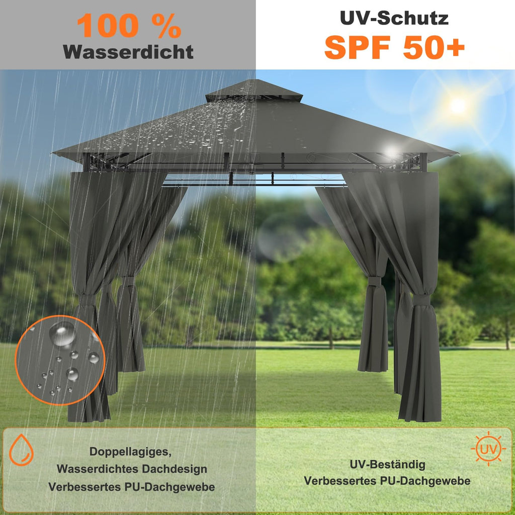 Devoko Garden Pavillon 3x3 Wasserdicht Stabil Winterfest Deluxe Gazebo, UV-Schutz 50+ Doppellagiges Grilpavillons mit seitenwänden für 4-8 Personen, Partyzelt für Freizeit, Partys,Grau mit LED