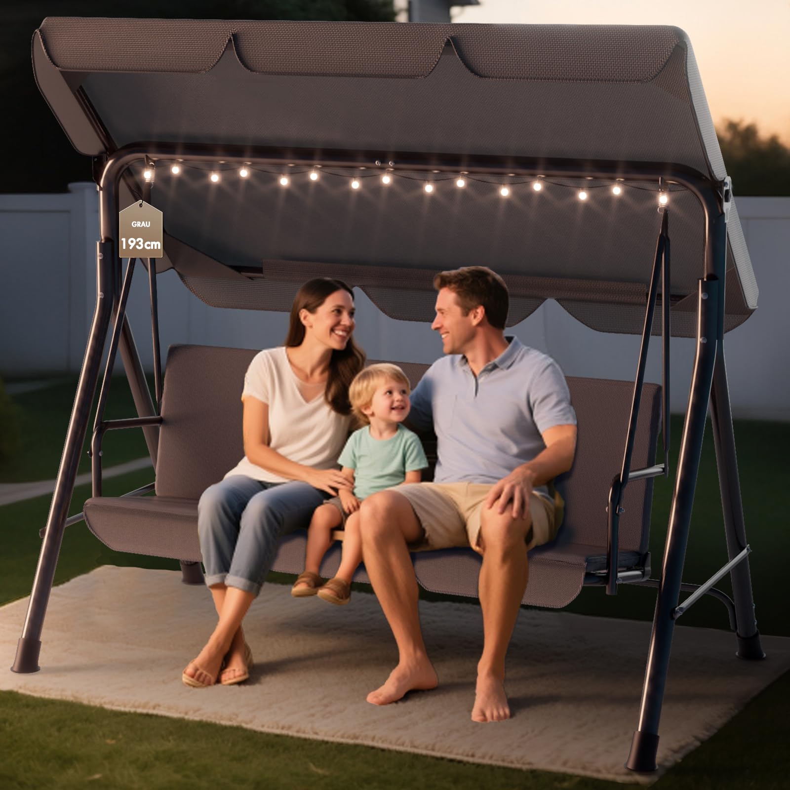 Soontrans 3-Sitzer Hollywoodschaukel, Familienzeit mit Leichtigkeit, Gartenschaukel mit Sonnendach & Gestell & Gepolsterte Sitzauflage, Belastbar bis 200 kg, aus Stahl (193 x 110 x 152 cm, Beige)
