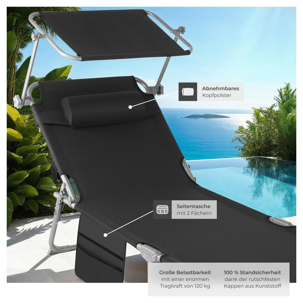 tectake® Sonnenliege klappbar, tragbar, Liege mit Seitentasche, Strandliege, Gartenliege mit Dach, Liegestuhl mit Verstellbarer Rückenlehne, inkl. Kopfkissen - für Balkon, Terrasse, Camping - beige