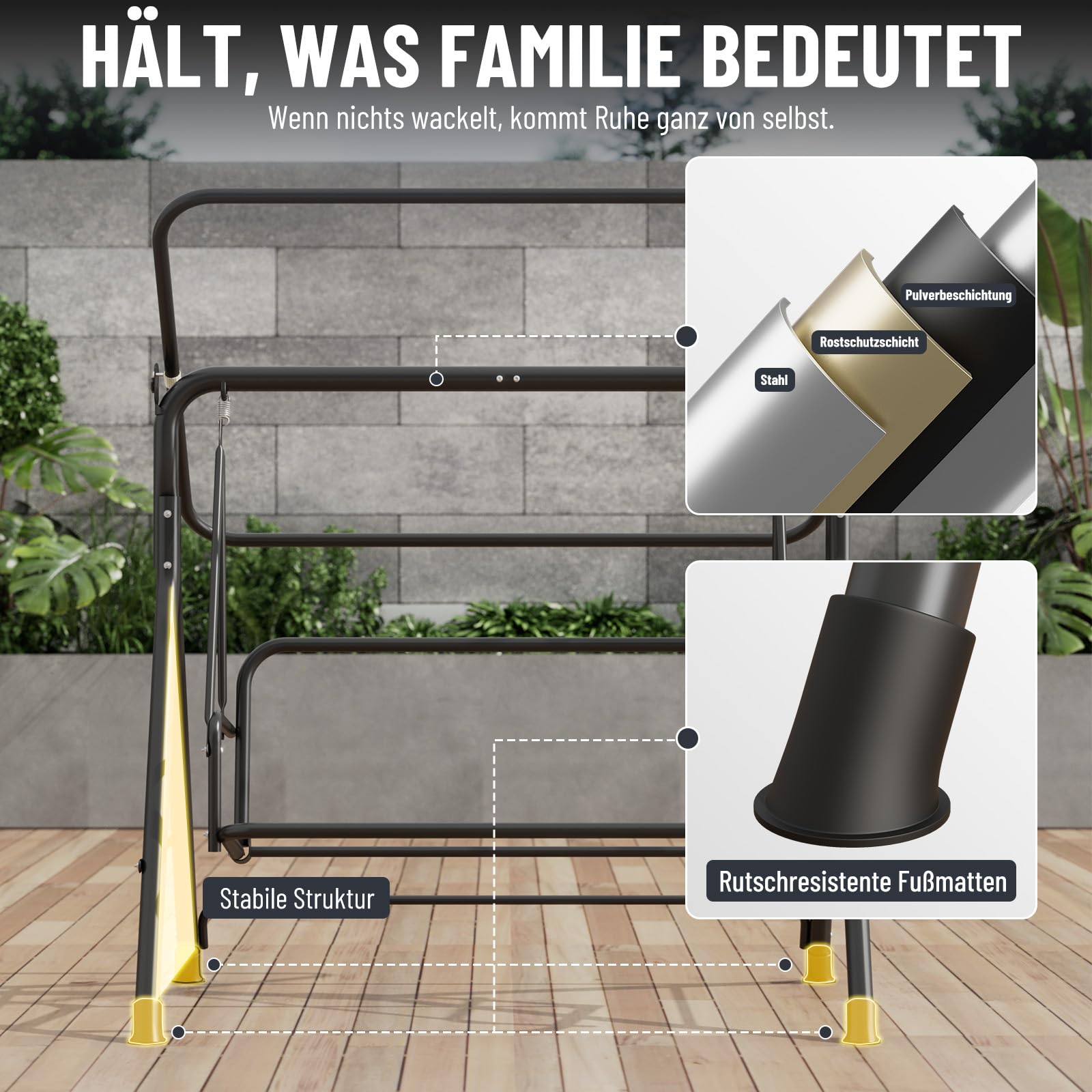 Soontrans 3-Sitzer Hollywoodschaukel, Familienzeit mit Leichtigkeit, Gartenschaukel mit Sonnendach & Gestell & Gepolsterte Sitzauflage, Belastbar bis 200 kg, aus Stahl (193 x 110 x 152 cm, Beige)