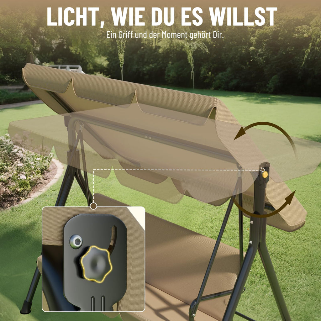 Soontrans 3-Sitzer Hollywoodschaukel, Familienzeit mit Leichtigkeit, Gartenschaukel mit Sonnendach & Gestell & Gepolsterte Sitzauflage, Belastbar bis 200 kg, aus Stahl (193 x 110 x 152 cm, Beige)