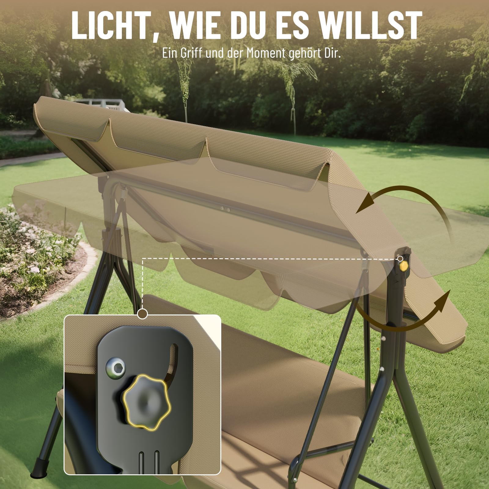 Soontrans 3-Sitzer Hollywoodschaukel, Familienzeit mit Leichtigkeit, Gartenschaukel mit Sonnendach & Gestell & Gepolsterte Sitzauflage, Belastbar bis 200 kg, aus Stahl (193 x 110 x 152 cm, Beige)