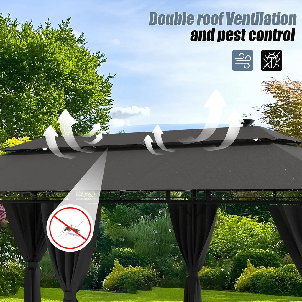 Devoko Garden Pavillon 3x3 Wasserdicht Stabil Winterfest Deluxe Gazebo, UV-Schutz 50+ Doppellagiges Grilpavillons mit seitenwänden für 4-8 Personen, Partyzelt für Freizeit, Partys,Grau mit LED