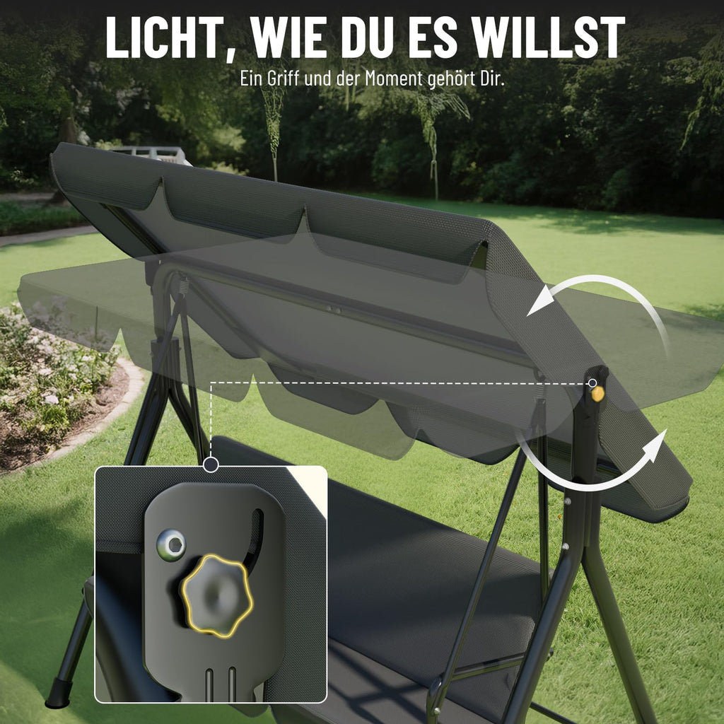 Soontrans 3-Sitzer Hollywoodschaukel, Familienzeit mit Leichtigkeit, Gartenschaukel mit Sonnendach & Gestell & Gepolsterte Sitzauflage, Belastbar bis 200 kg, aus Stahl (193 x 110 x 152 cm, Beige)