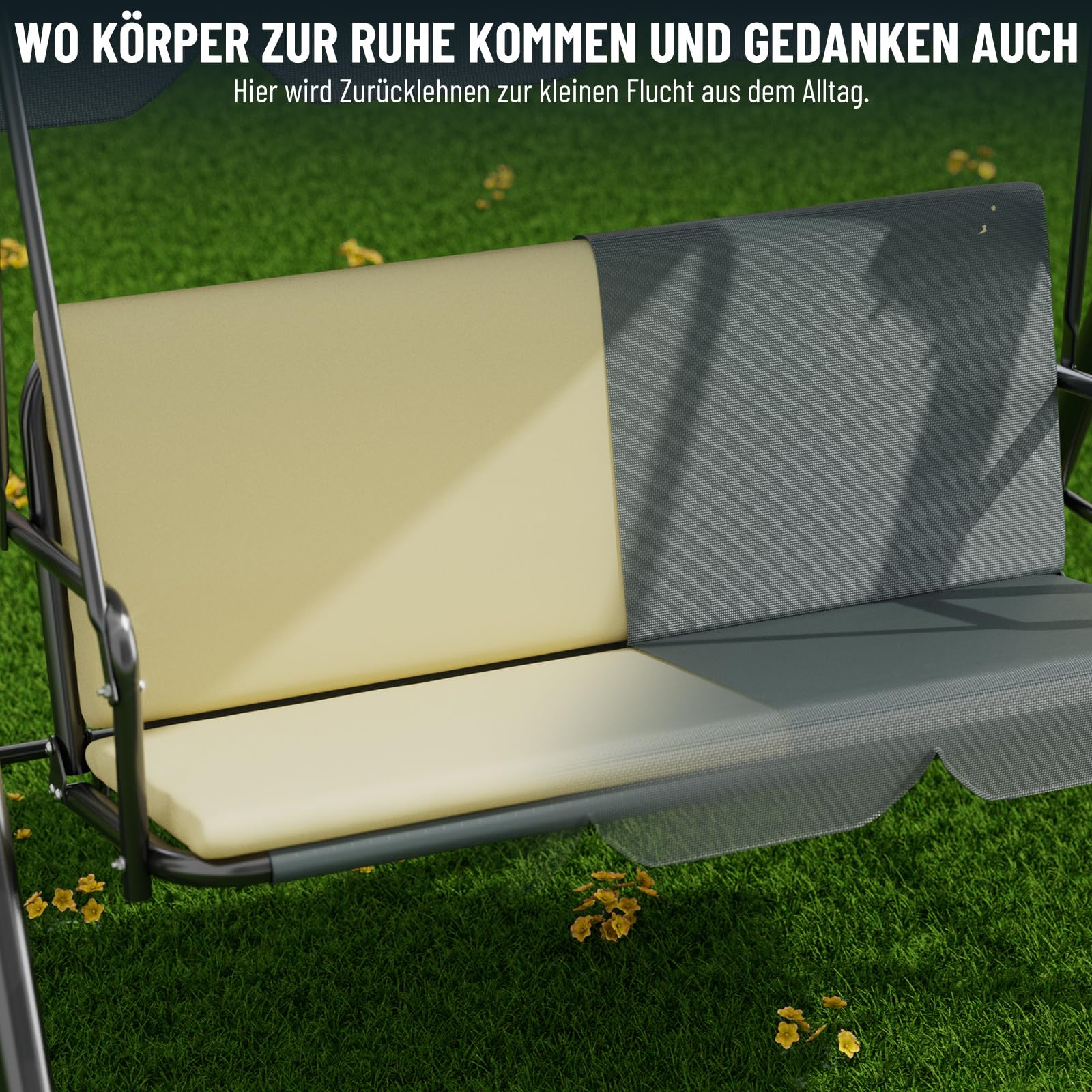 Soontrans 3-Sitzer Hollywoodschaukel, Familienzeit mit Leichtigkeit, Gartenschaukel mit Sonnendach & Gestell & Gepolsterte Sitzauflage, Belastbar bis 200 kg, aus Stahl (193 x 110 x 152 cm, Beige)