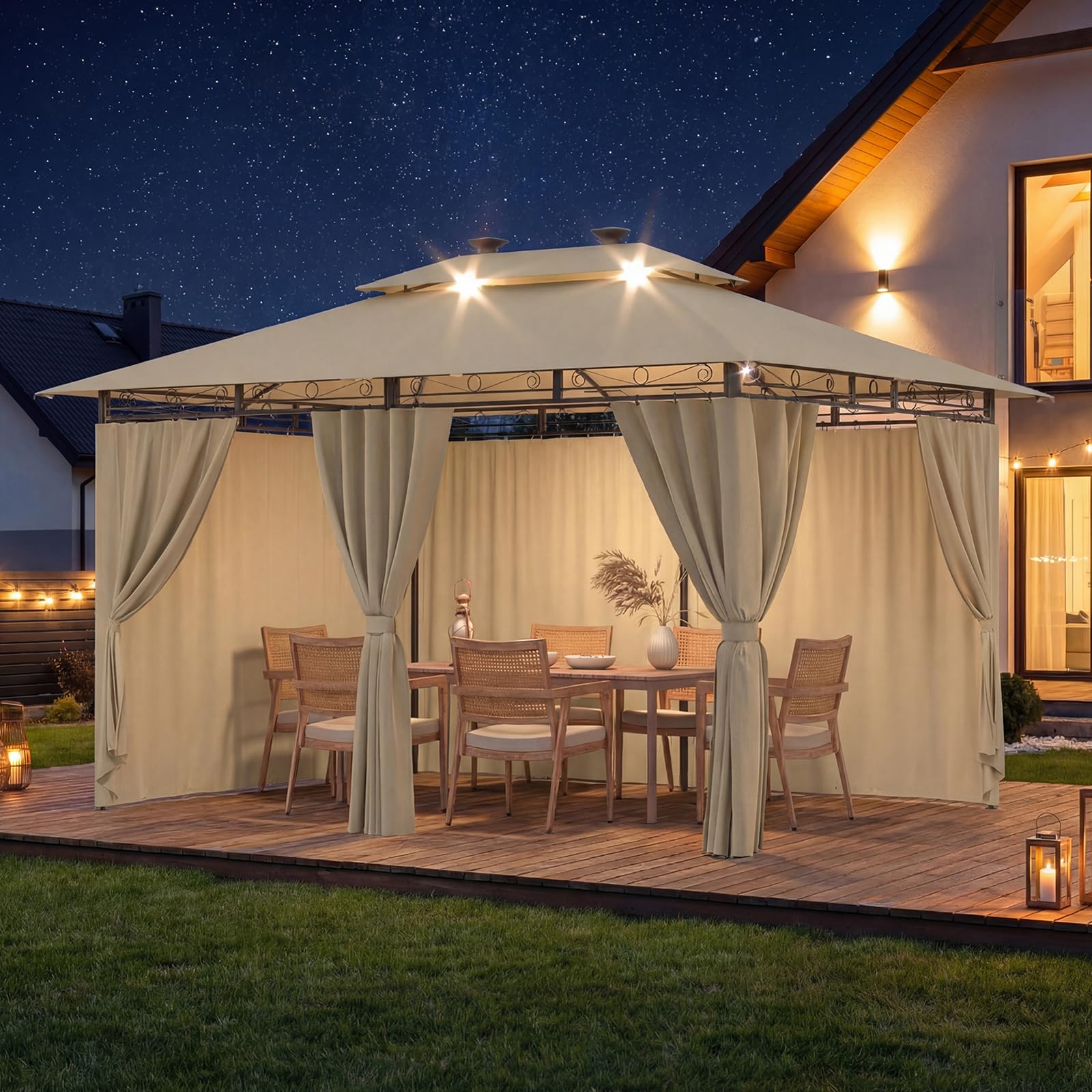 Devoko Garden Pavillon 3x3 Wasserdicht Stabil Winterfest Deluxe Gazebo, UV-Schutz 50+ Doppellagiges Grilpavillons mit seitenwänden für 4-8 Personen, Partyzelt für Freizeit, Partys,Grau mit LED