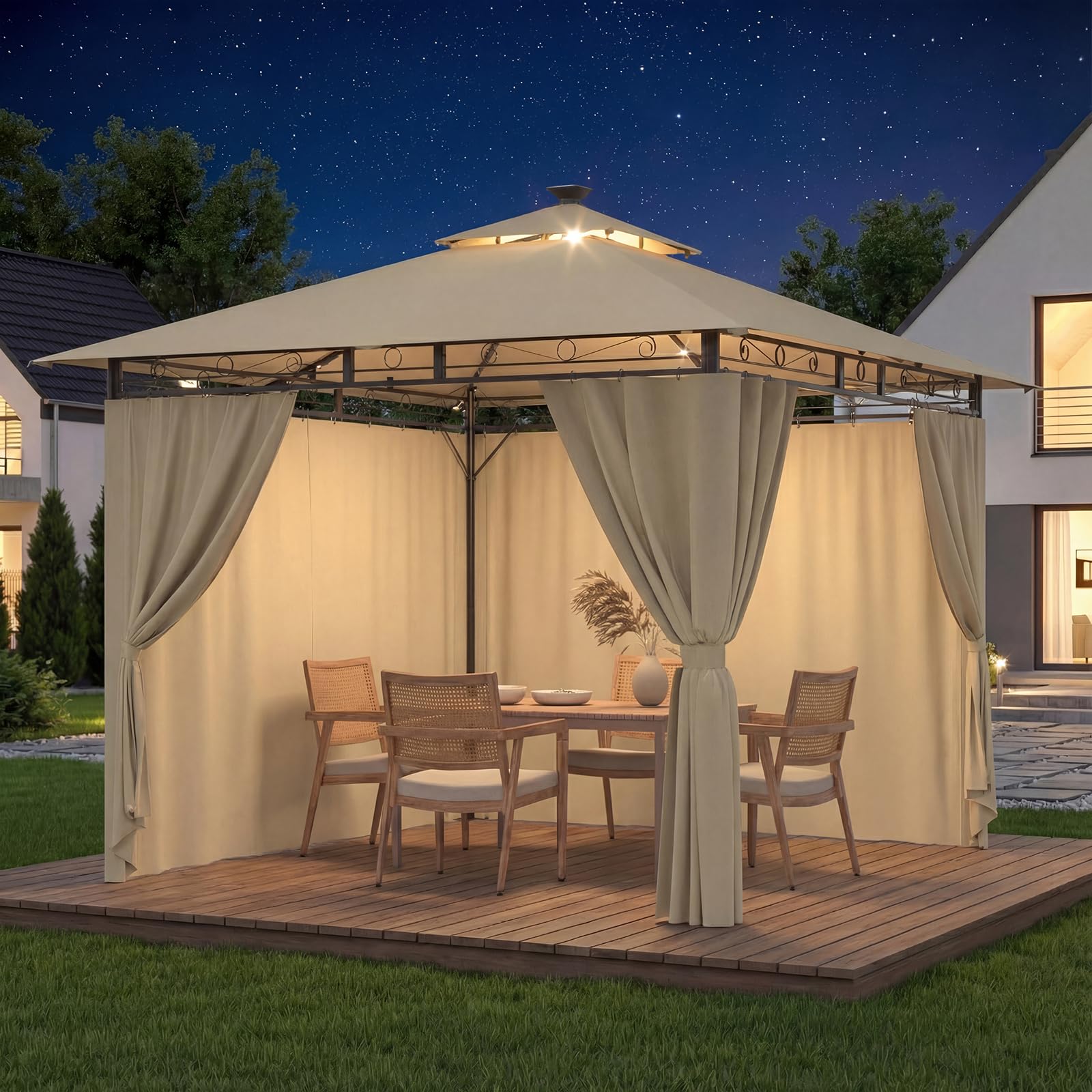 Devoko Garden Pavillon 3x3 Wasserdicht Stabil Winterfest Deluxe Gazebo, UV-Schutz 50+ Doppellagiges Grilpavillons mit seitenwänden für 4-8 Personen, Partyzelt für Freizeit, Partys,Grau mit LED
