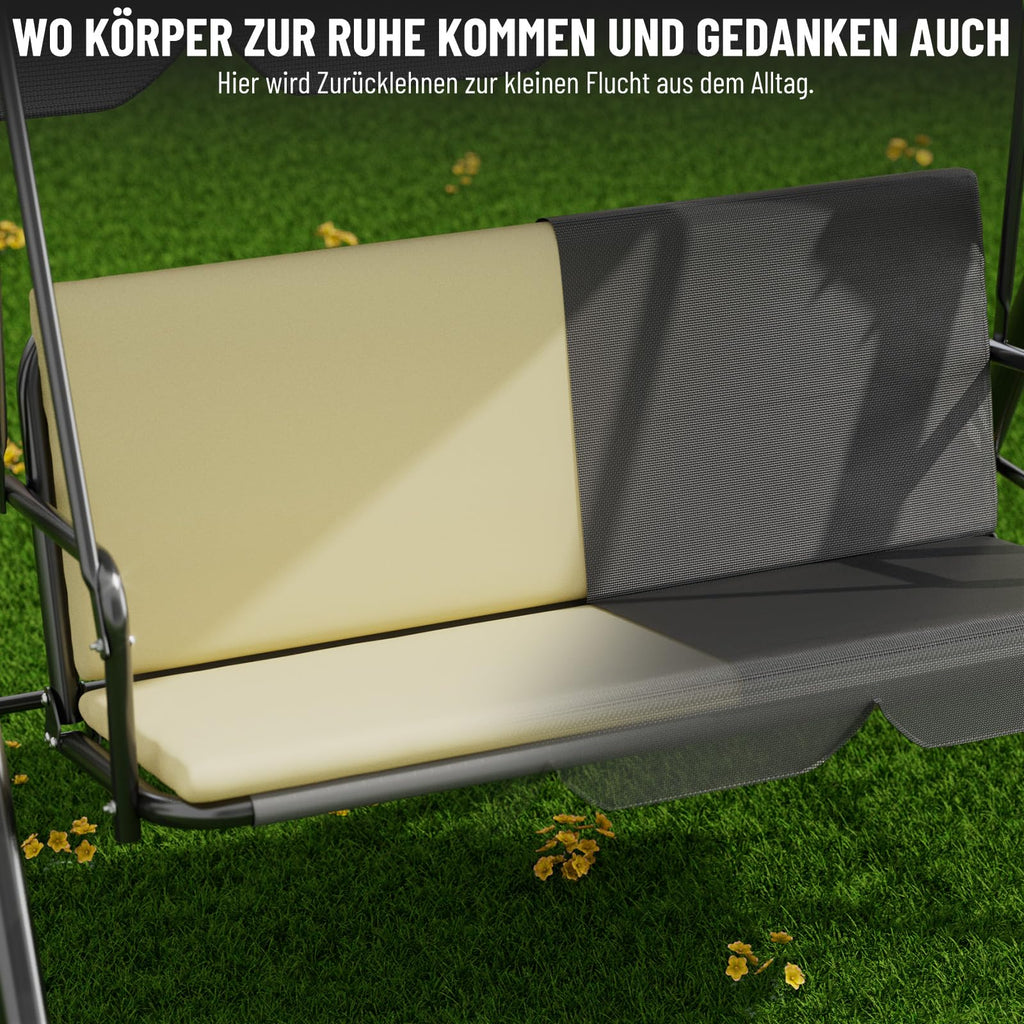 Soontrans 3-Sitzer Hollywoodschaukel, Familienzeit mit Leichtigkeit, Gartenschaukel mit Sonnendach & Gestell & Gepolsterte Sitzauflage, Belastbar bis 200 kg, aus Stahl (193 x 110 x 152 cm, Beige)