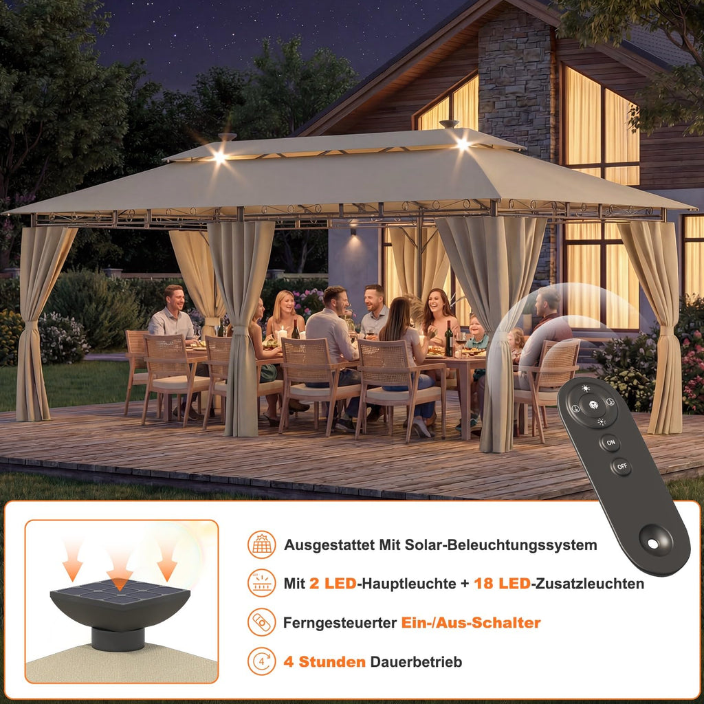Devoko Garden Pavillon 3x3 Wasserdicht Stabil Winterfest Deluxe Gazebo, UV-Schutz 50+ Doppellagiges Grilpavillons mit seitenwänden für 4-8 Personen, Partyzelt für Freizeit, Partys,Grau mit LED