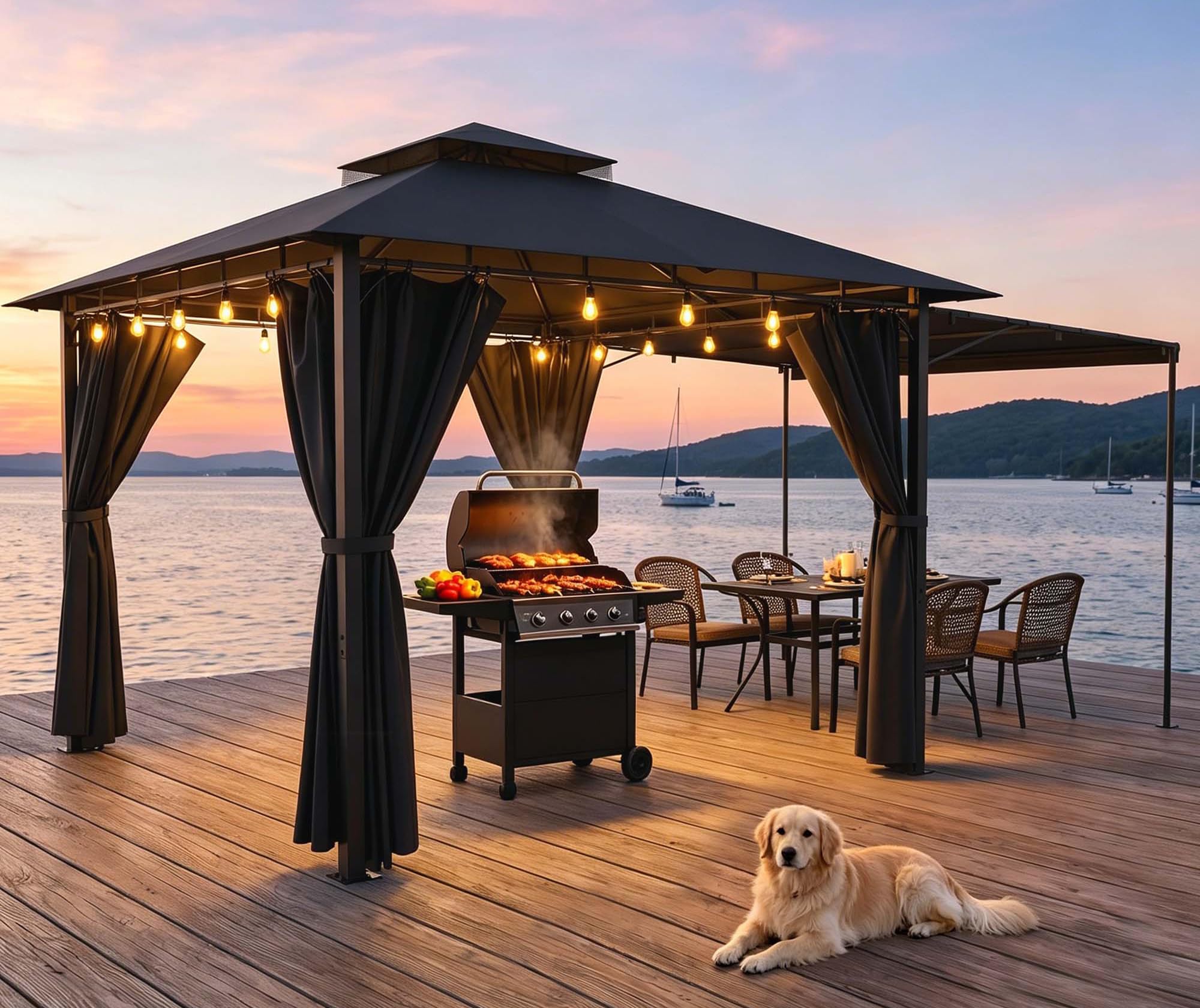 Devoko Garden Pavillon 3x3 Wasserdicht Stabil Winterfest Deluxe Gazebo, UV-Schutz 50+ Doppellagiges Grilpavillons mit seitenwänden für 4-8 Personen, Partyzelt für Freizeit, Partys,Grau mit LED