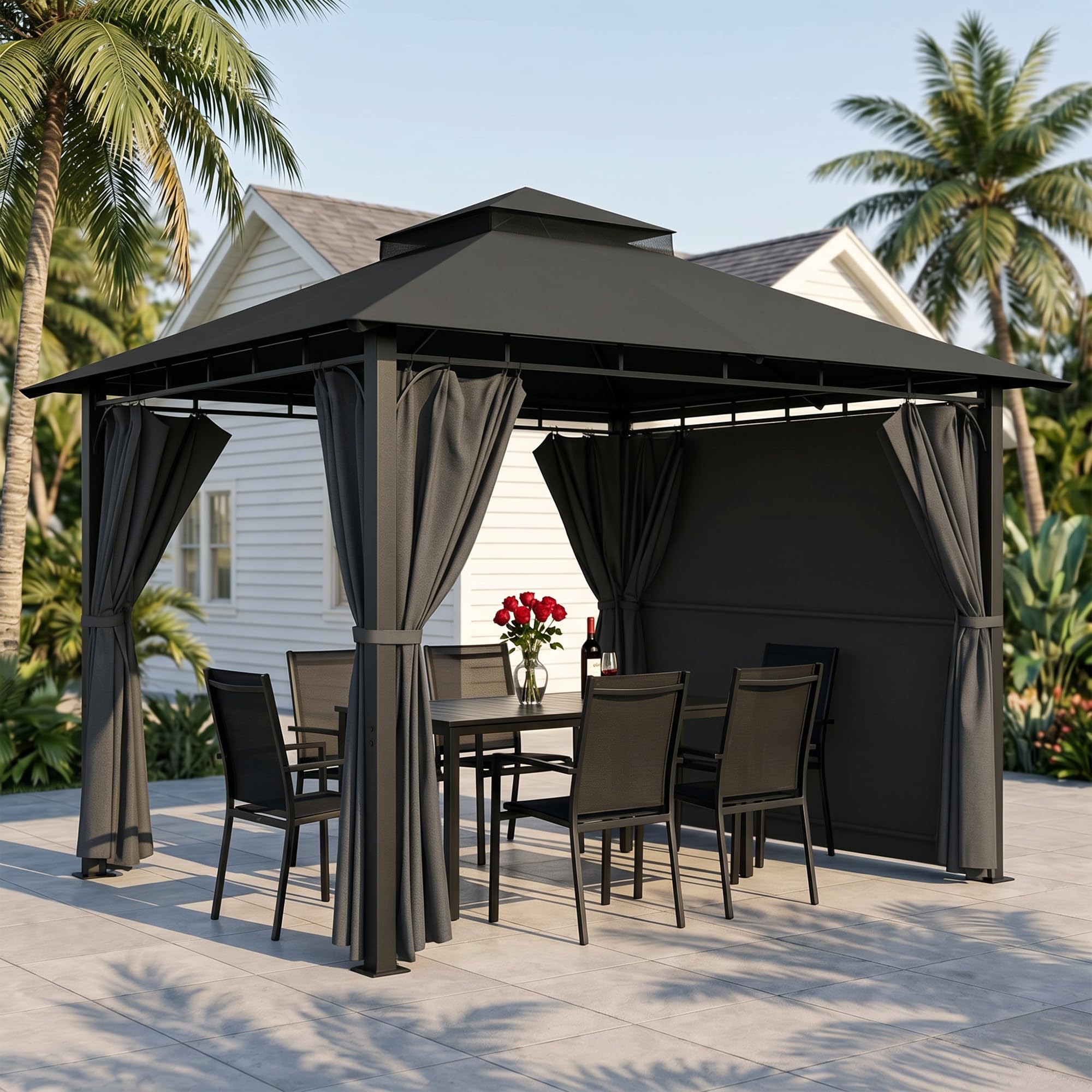 Devoko Garden Pavillon 3x3 Wasserdicht Stabil Winterfest Deluxe Gazebo, UV-Schutz 50+ Doppellagiges Grilpavillons mit seitenwänden für 4-8 Personen, Partyzelt für Freizeit, Partys,Grau mit LED