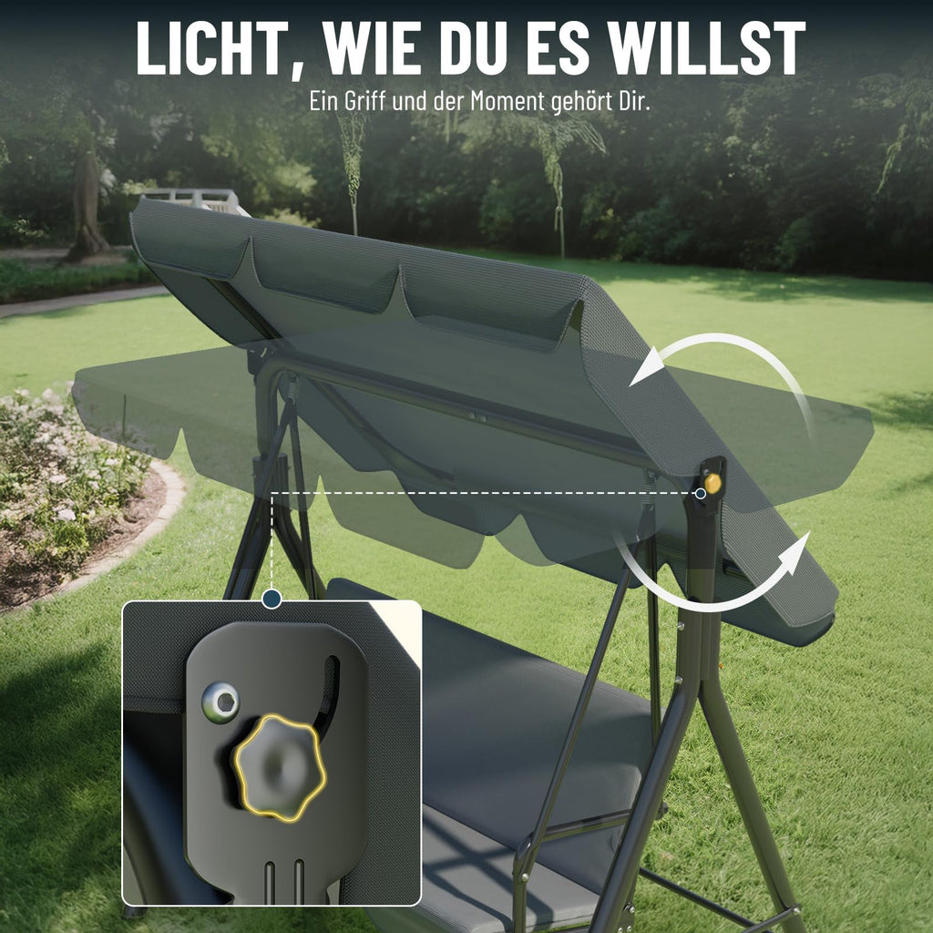 Soontrans 3-Sitzer Hollywoodschaukel, Familienzeit mit Leichtigkeit, Gartenschaukel mit Sonnendach & Gestell & Gepolsterte Sitzauflage, Belastbar bis 200 kg, aus Stahl (193 x 110 x 152 cm, Beige)