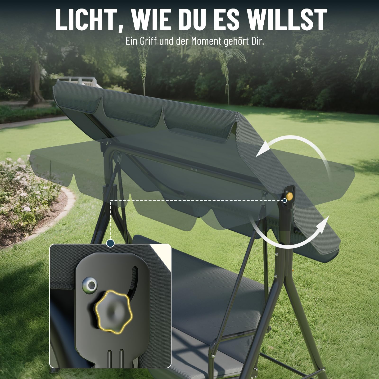Soontrans 3-Sitzer Hollywoodschaukel, Familienzeit mit Leichtigkeit, Gartenschaukel mit Sonnendach & Gestell & Gepolsterte Sitzauflage, Belastbar bis 200 kg, aus Stahl (193 x 110 x 152 cm, Beige)