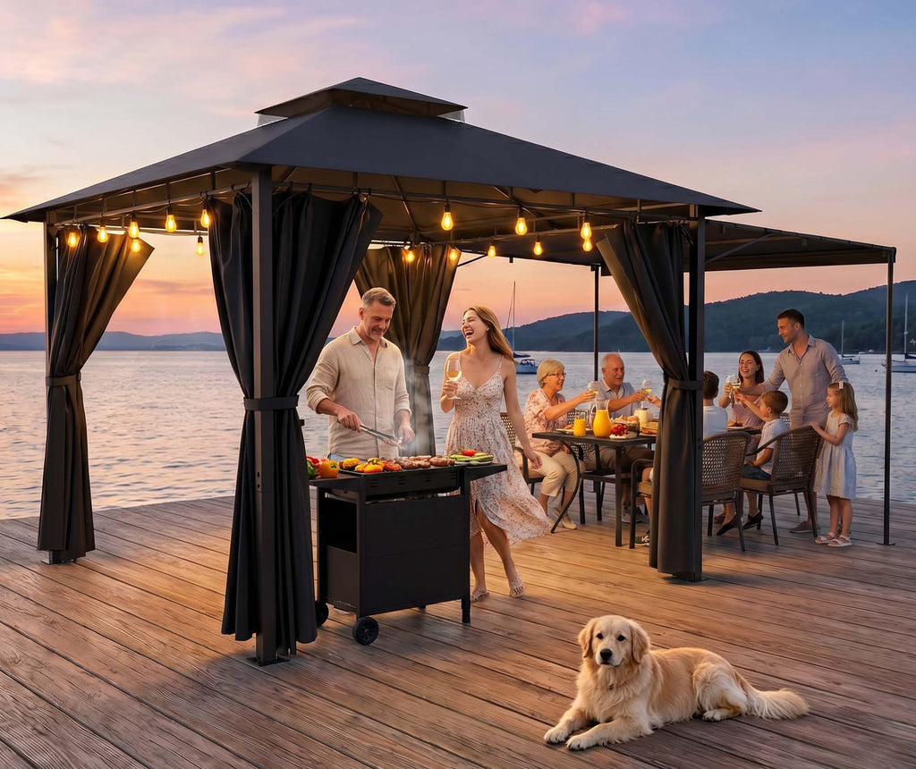 Devoko Garden Pavillon 3x3 Wasserdicht Stabil Winterfest Deluxe Gazebo, UV-Schutz 50+ Doppellagiges Grilpavillons mit seitenwänden für 4-8 Personen, Partyzelt für Freizeit, Partys,Grau mit LED