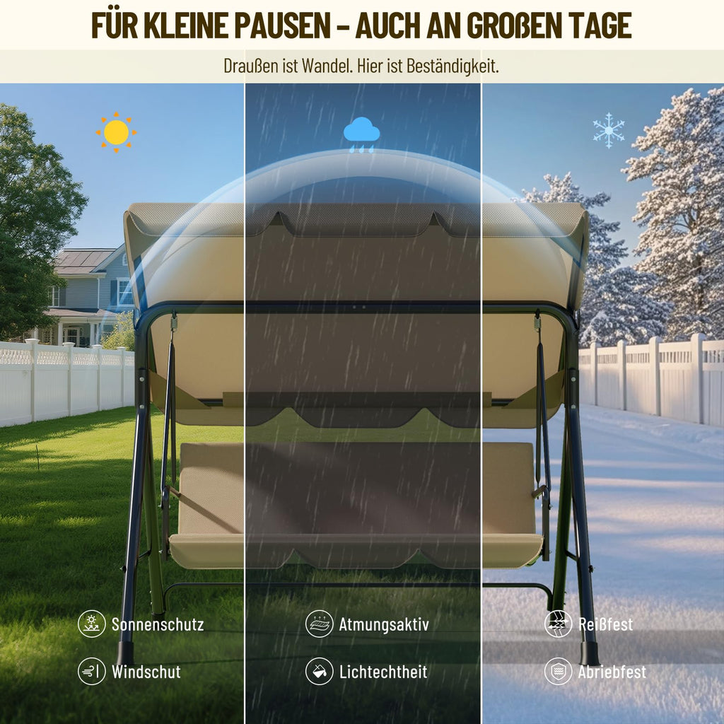 Soontrans 3-Sitzer Hollywoodschaukel, Familienzeit mit Leichtigkeit, Gartenschaukel mit Sonnendach & Gestell & Gepolsterte Sitzauflage, Belastbar bis 200 kg, aus Stahl (193 x 110 x 152 cm, Beige)