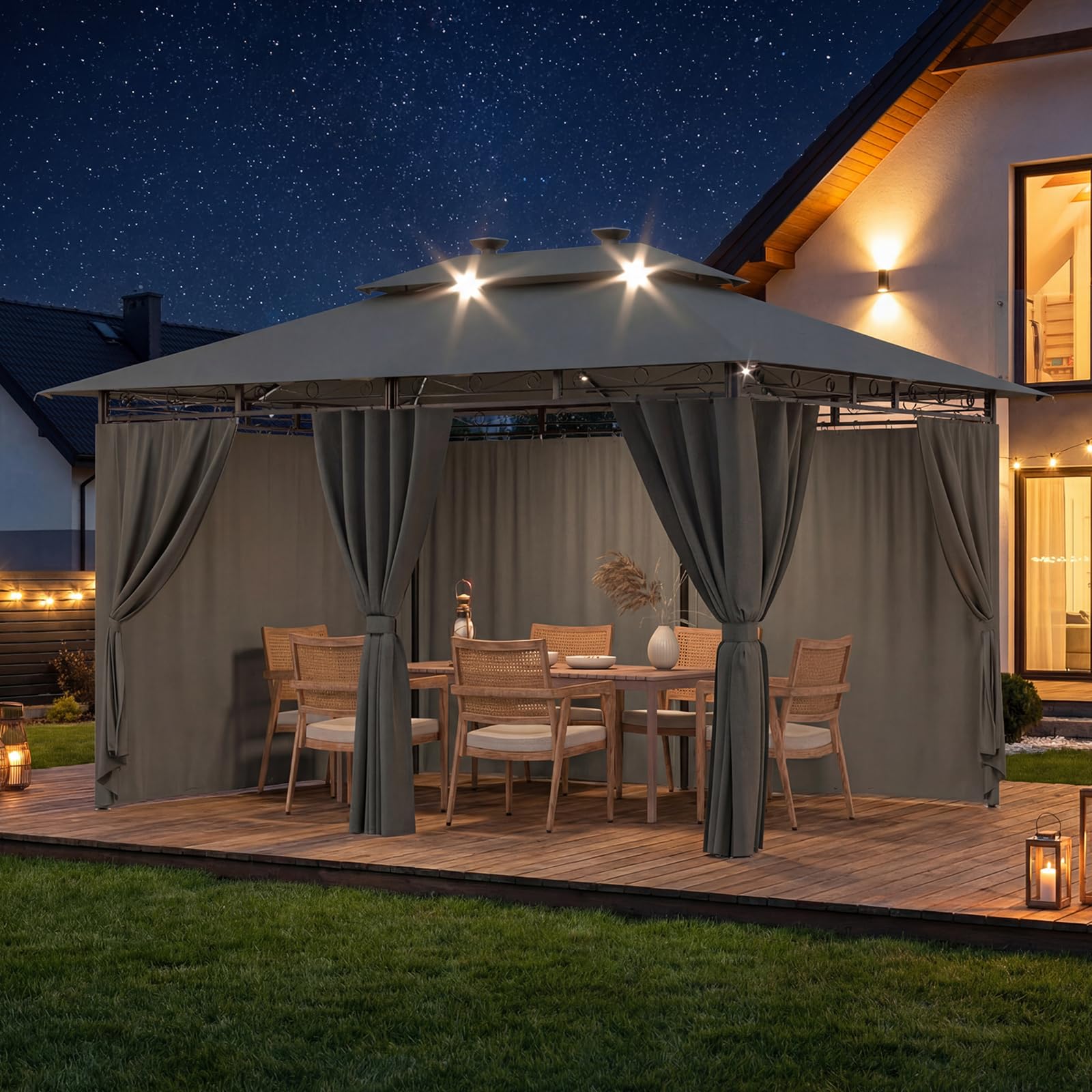 Devoko Garden Pavillon 3x3 Wasserdicht Stabil Winterfest Deluxe Gazebo, UV-Schutz 50+ Doppellagiges Grilpavillons mit seitenwänden für 4-8 Personen, Partyzelt für Freizeit, Partys,Grau mit LED