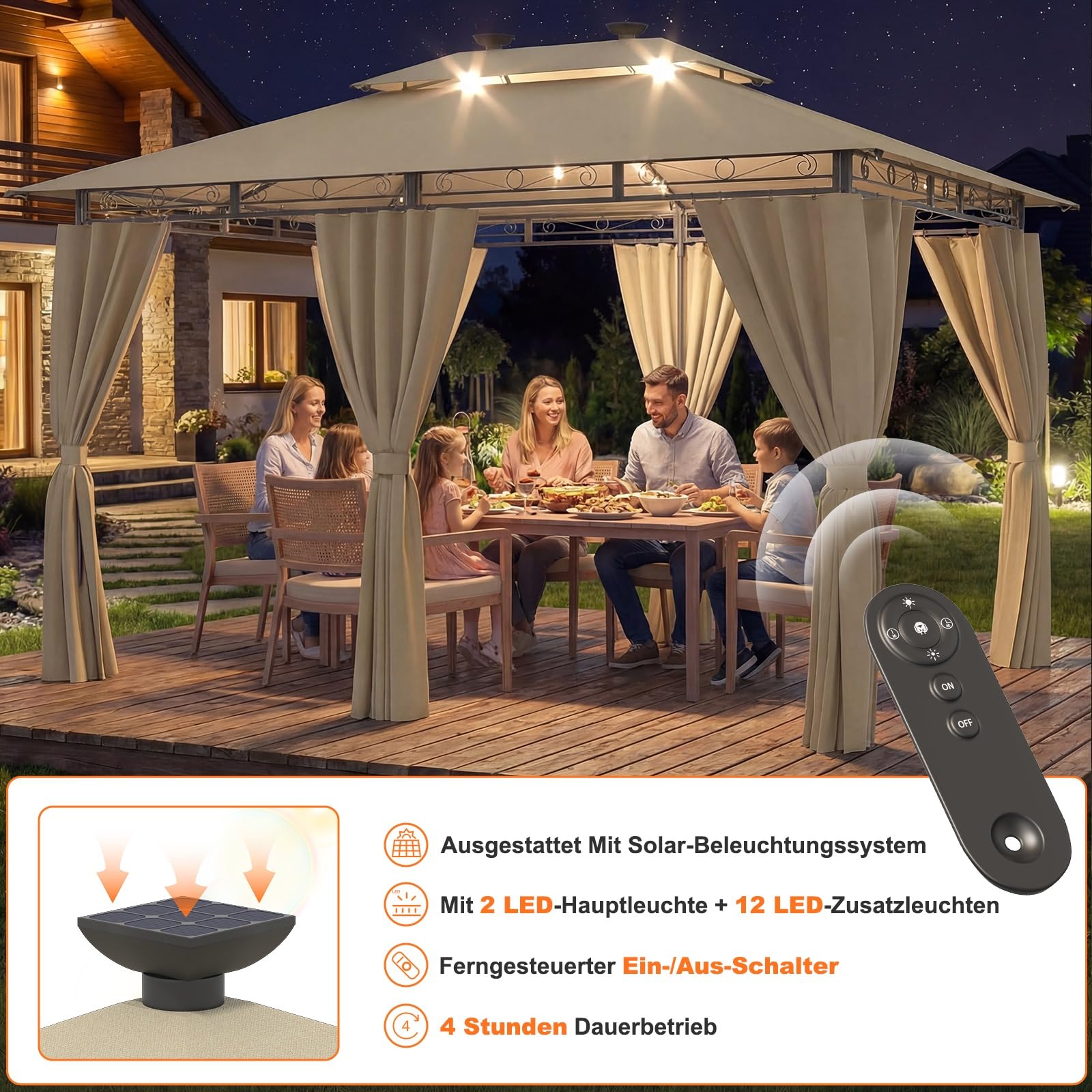 Devoko Garden Pavillon 3x3 Wasserdicht Stabil Winterfest Deluxe Gazebo, UV-Schutz 50+ Doppellagiges Grilpavillons mit seitenwänden für 4-8 Personen, Partyzelt für Freizeit, Partys,Grau mit LED