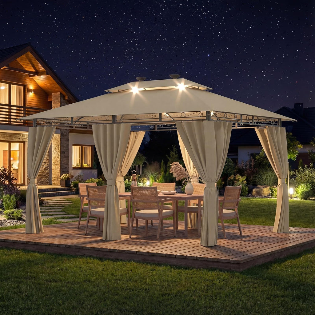 Devoko Garden Pavillon 3x3 Wasserdicht Stabil Winterfest Deluxe Gazebo, UV-Schutz 50+ Doppellagiges Grilpavillons mit seitenwänden für 4-8 Personen, Partyzelt für Freizeit, Partys,Grau mit LED