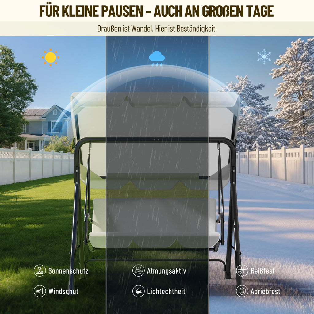 Soontrans 3-Sitzer Hollywoodschaukel, Familienzeit mit Leichtigkeit, Gartenschaukel mit Sonnendach & Gestell & Gepolsterte Sitzauflage, Belastbar bis 200 kg, aus Stahl (193 x 110 x 152 cm, Beige)