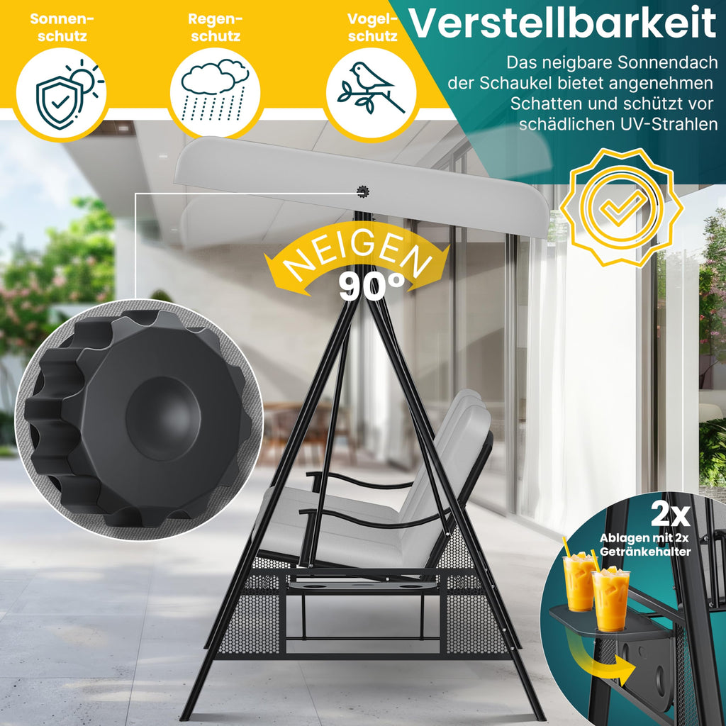 KESSER® Hollywoodschaukel mit Sonnendach 3-Sitzer & Sitzpolster-Auflage | Gartenschaukel bis 360kg belastbar | Gartenliege mit Anti-Rutsch-Füßen | Schaukelbank wasserabweisend für Outdoor & Indoor