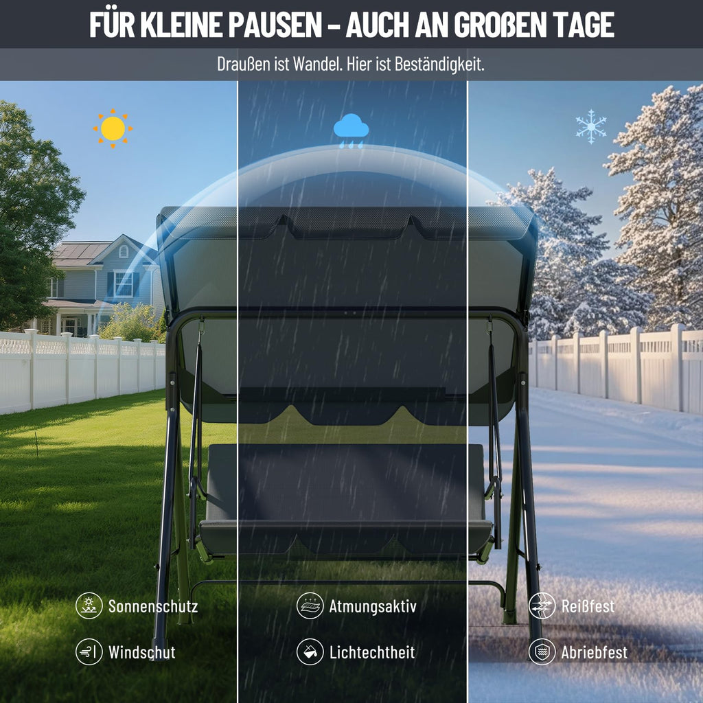 Soontrans 3-Sitzer Hollywoodschaukel, Familienzeit mit Leichtigkeit, Gartenschaukel mit Sonnendach & Gestell & Gepolsterte Sitzauflage, Belastbar bis 200 kg, aus Stahl (193 x 110 x 152 cm, Beige)