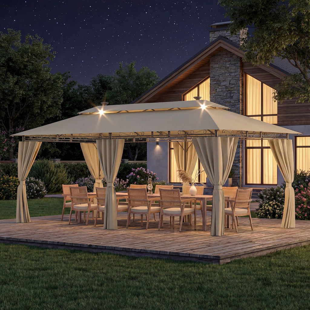 Devoko Garden Pavillon 3x3 Wasserdicht Stabil Winterfest Deluxe Gazebo, UV-Schutz 50+ Doppellagiges Grilpavillons mit seitenwänden für 4-8 Personen, Partyzelt für Freizeit, Partys,Grau mit LED