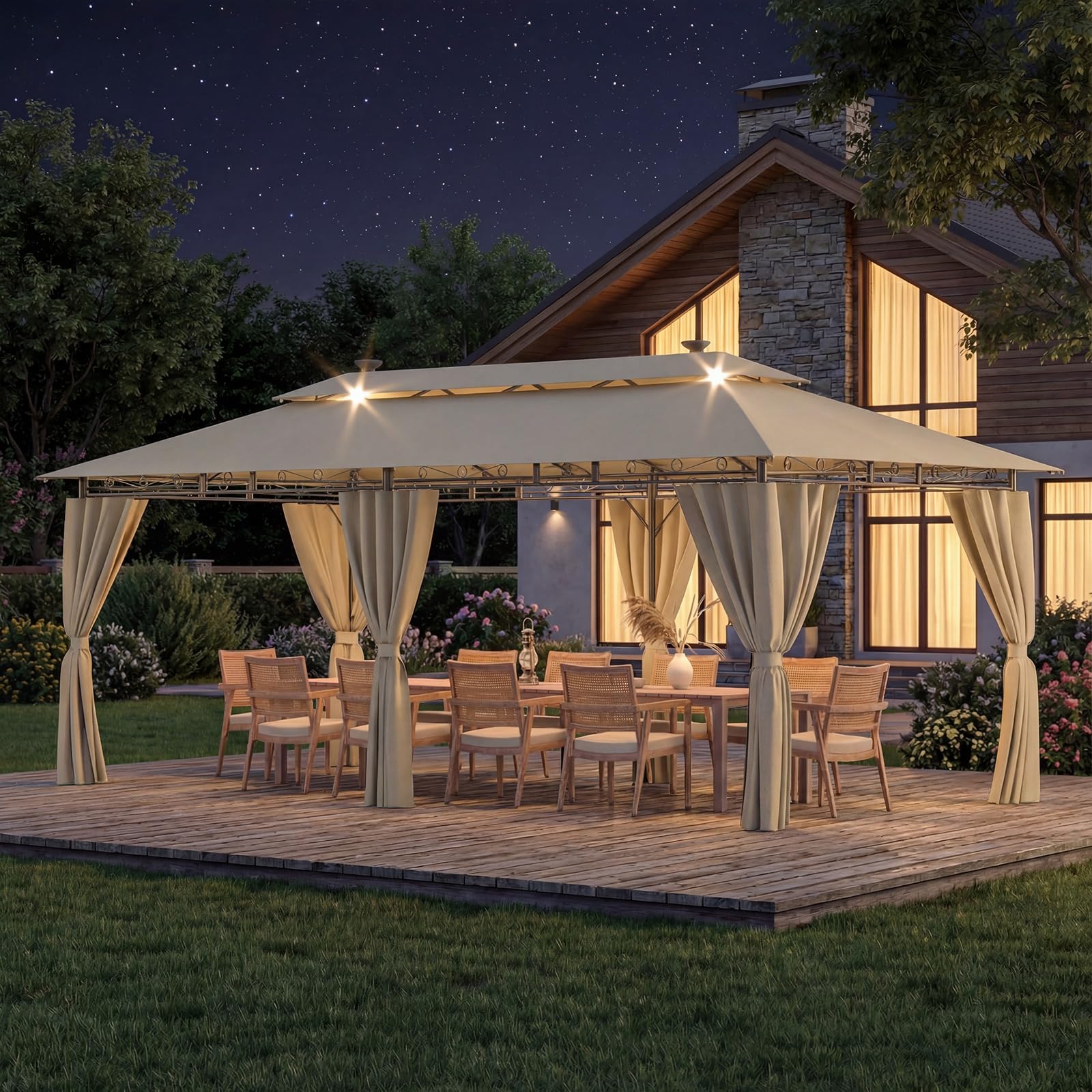 Devoko Garden Pavillon 3x3 Wasserdicht Stabil Winterfest Deluxe Gazebo, UV-Schutz 50+ Doppellagiges Grilpavillons mit seitenwänden für 4-8 Personen, Partyzelt für Freizeit, Partys,Grau mit LED