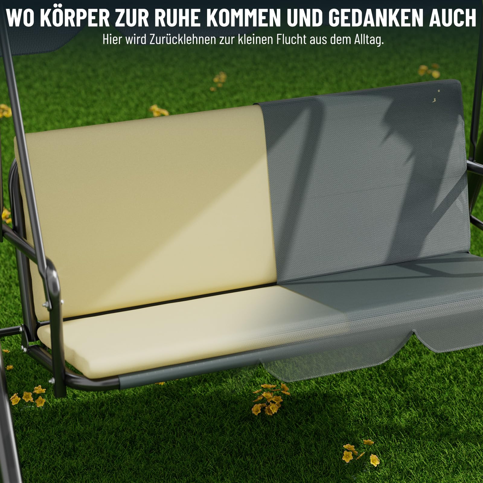 Soontrans 3-Sitzer Hollywoodschaukel, Familienzeit mit Leichtigkeit, Gartenschaukel mit Sonnendach & Gestell & Gepolsterte Sitzauflage, Belastbar bis 200 kg, aus Stahl (193 x 110 x 152 cm, Beige)