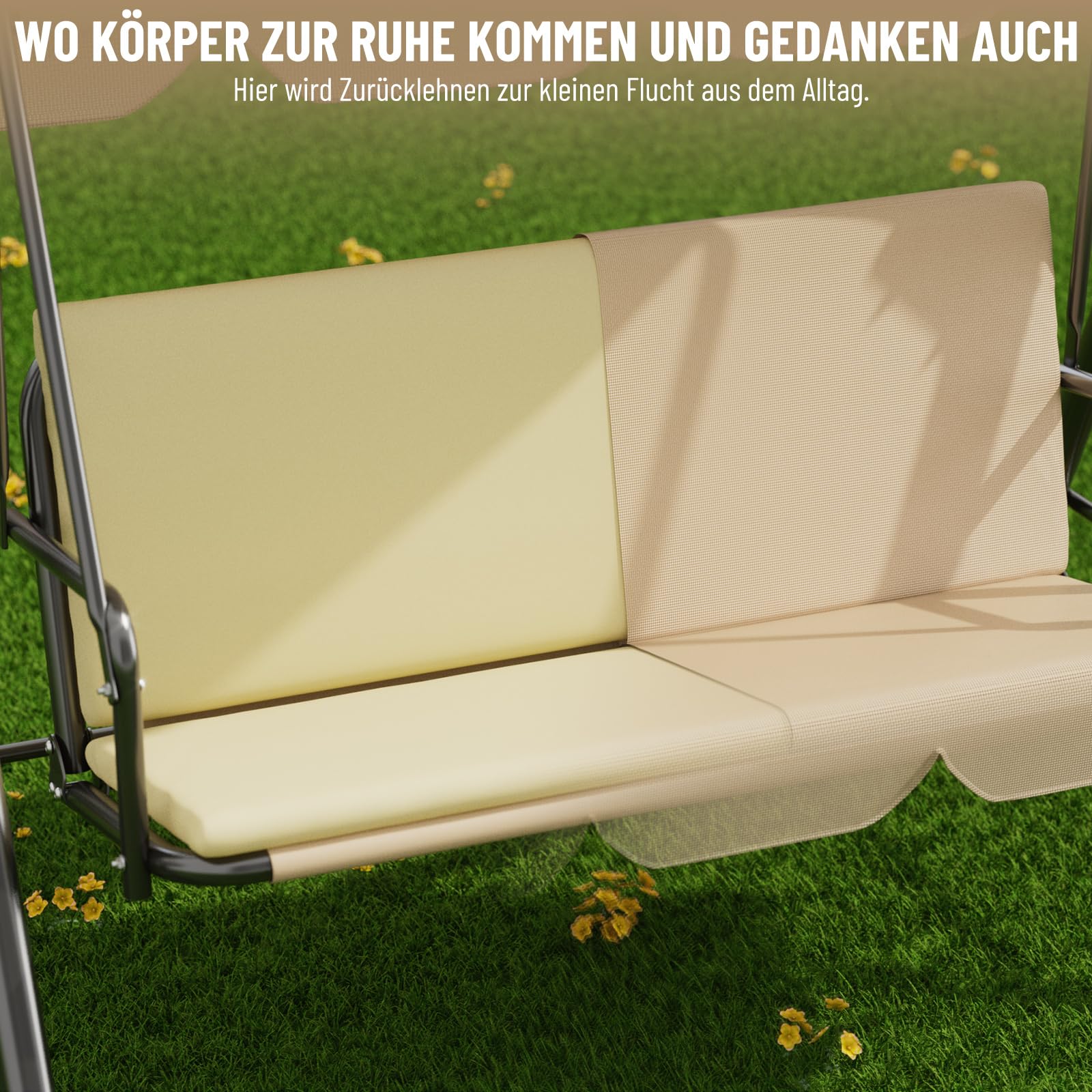Soontrans 3-Sitzer Hollywoodschaukel, Familienzeit mit Leichtigkeit, Gartenschaukel mit Sonnendach & Gestell & Gepolsterte Sitzauflage, Belastbar bis 200 kg, aus Stahl (193 x 110 x 152 cm, Beige)