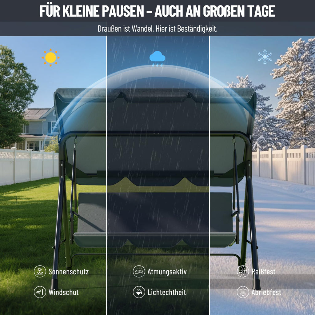 Soontrans 3-Sitzer Hollywoodschaukel, Familienzeit mit Leichtigkeit, Gartenschaukel mit Sonnendach & Gestell & Gepolsterte Sitzauflage, Belastbar bis 200 kg, aus Stahl (193 x 110 x 152 cm, Beige)