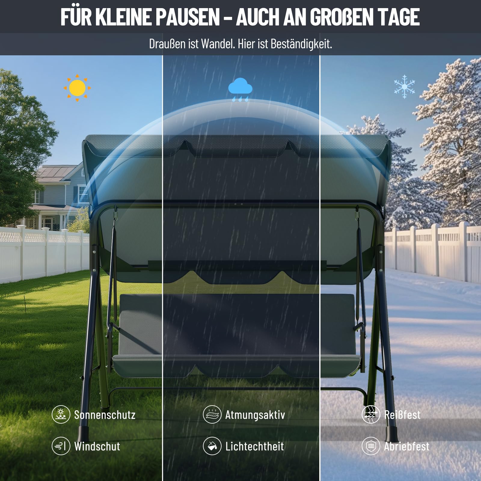 Soontrans 3-Sitzer Hollywoodschaukel, Familienzeit mit Leichtigkeit, Gartenschaukel mit Sonnendach & Gestell & Gepolsterte Sitzauflage, Belastbar bis 200 kg, aus Stahl (193 x 110 x 152 cm, Beige)