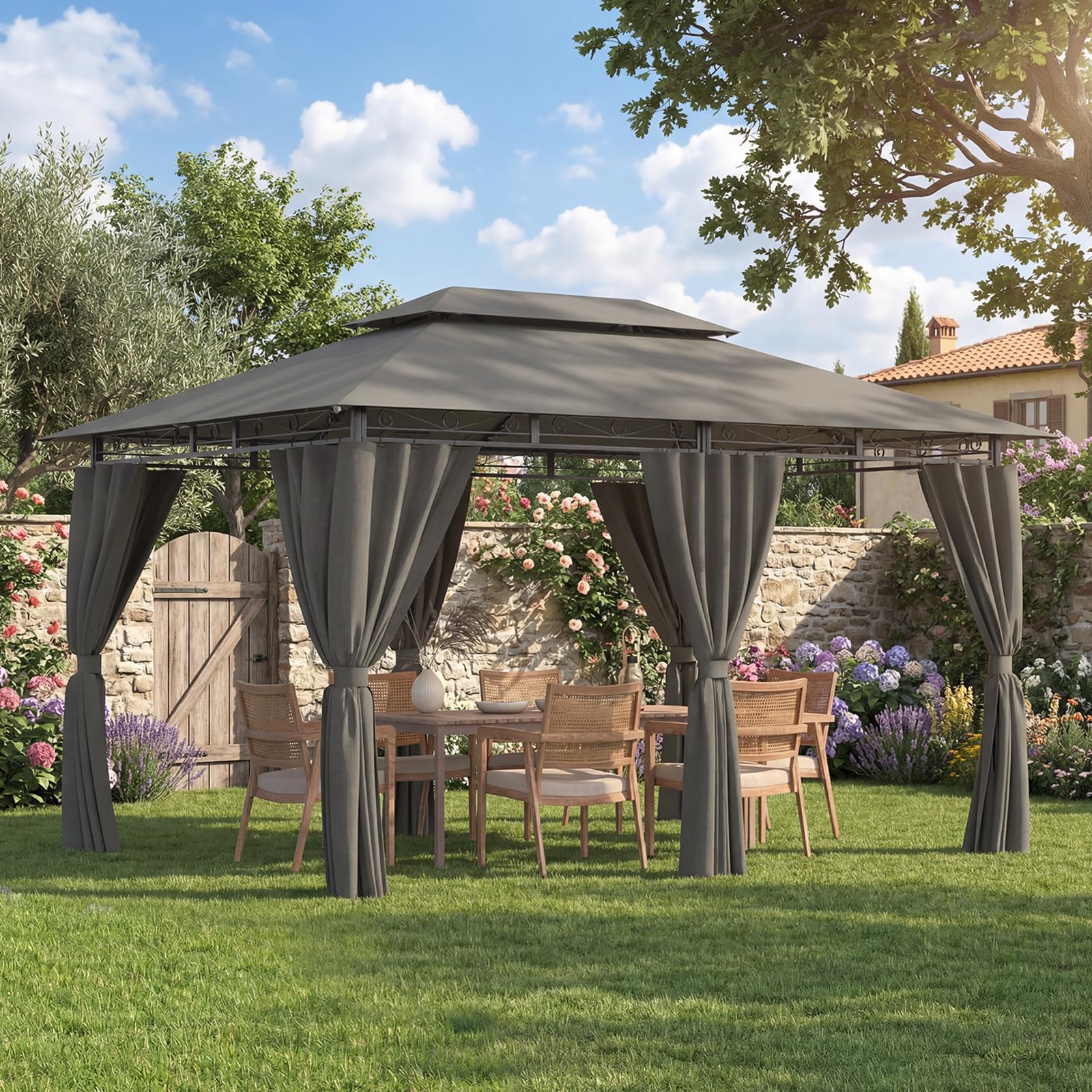 Devoko Garden Pavillon 3x3 Wasserdicht Stabil Winterfest Deluxe Gazebo, UV-Schutz 50+ Doppellagiges Grilpavillons mit seitenwänden für 4-8 Personen, Partyzelt für Freizeit, Partys,Grau mit LED