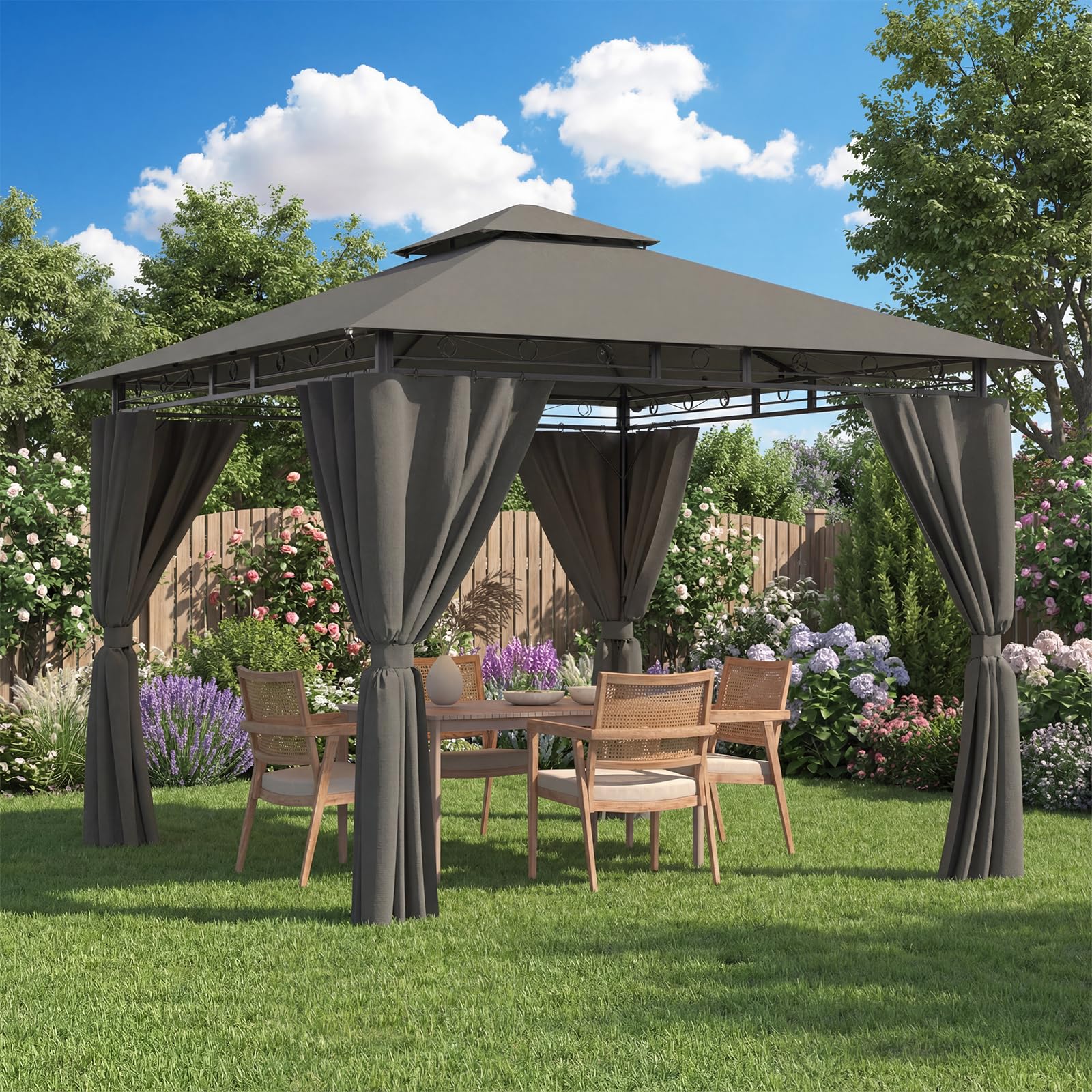 Devoko Garden Pavillon 3x3 Wasserdicht Stabil Winterfest Deluxe Gazebo, UV-Schutz 50+ Doppellagiges Grilpavillons mit seitenwänden für 4-8 Personen, Partyzelt für Freizeit, Partys,Grau mit LED