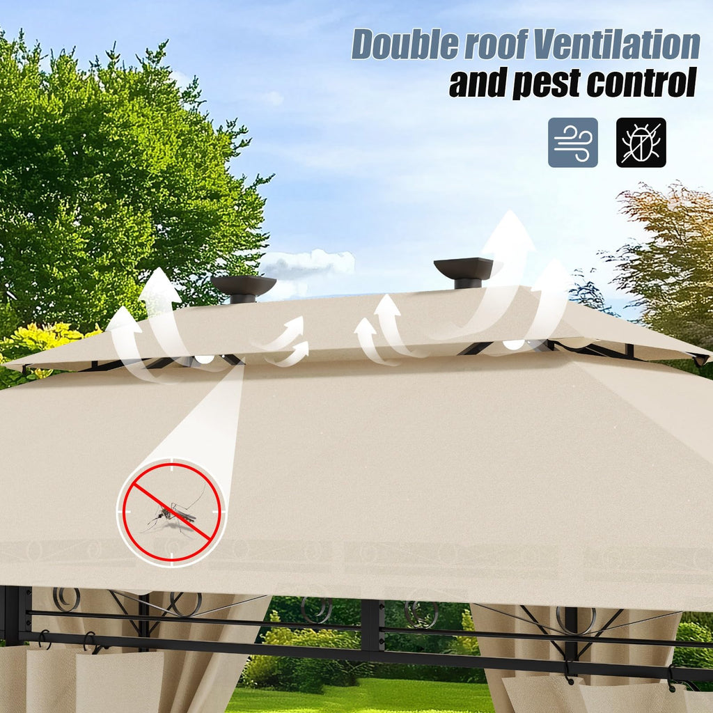 Devoko Garden Pavillon 3x3 Wasserdicht Stabil Winterfest Deluxe Gazebo, UV-Schutz 50+ Doppellagiges Grilpavillons mit seitenwänden für 4-8 Personen, Partyzelt für Freizeit, Partys,Grau mit LED