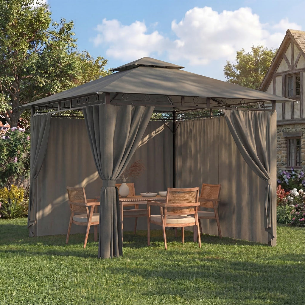 Devoko Garden Pavillon 3x3 Wasserdicht Stabil Winterfest Deluxe Gazebo, UV-Schutz 50+ Doppellagiges Grilpavillons mit seitenwänden für 4-8 Personen, Partyzelt für Freizeit, Partys,Grau mit LED