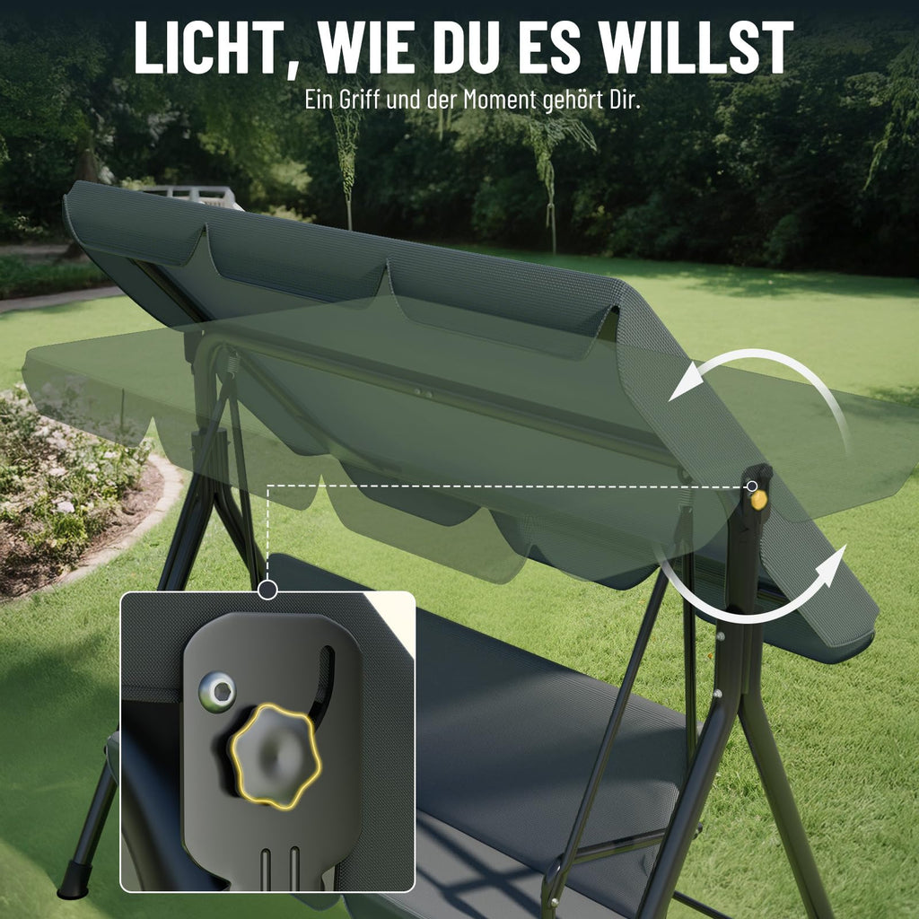 Soontrans 3-Sitzer Hollywoodschaukel, Familienzeit mit Leichtigkeit, Gartenschaukel mit Sonnendach & Gestell & Gepolsterte Sitzauflage, Belastbar bis 200 kg, aus Stahl (193 x 110 x 152 cm, Beige)