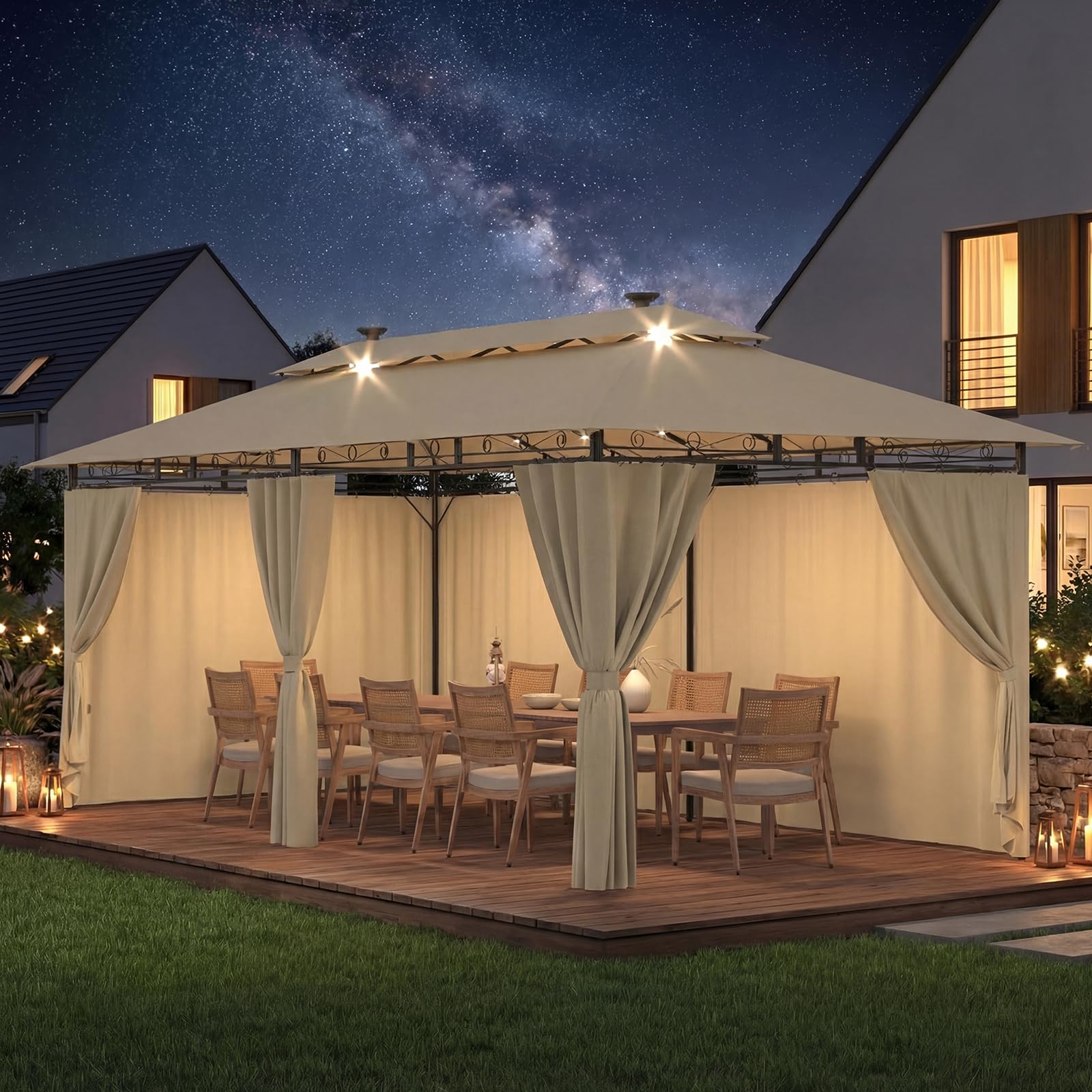 Devoko Garden Pavillon 3x3 Wasserdicht Stabil Winterfest Deluxe Gazebo, UV-Schutz 50+ Doppellagiges Grilpavillons mit seitenwänden für 4-8 Personen, Partyzelt für Freizeit, Partys,Grau mit LED