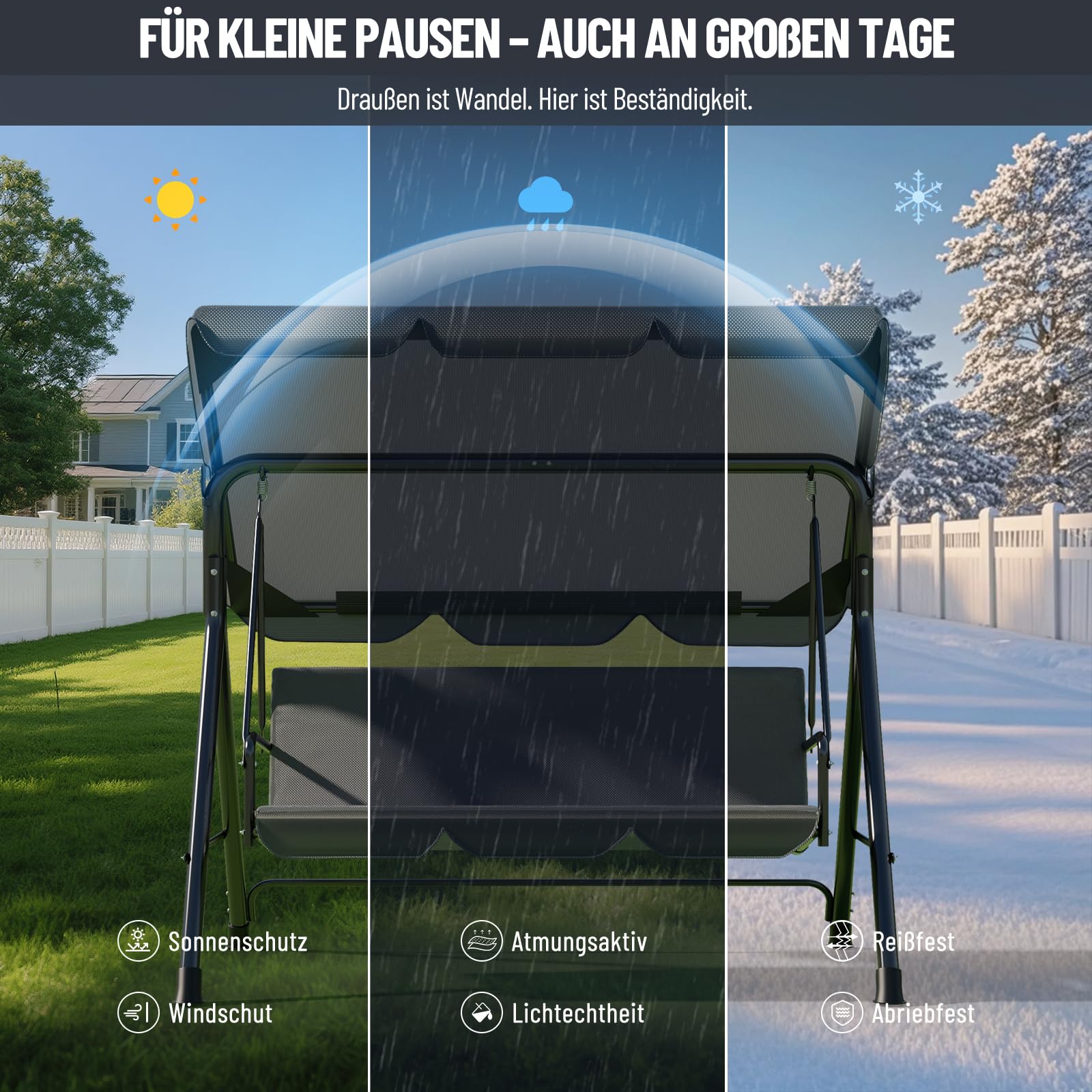 Soontrans 3-Sitzer Hollywoodschaukel, Familienzeit mit Leichtigkeit, Gartenschaukel mit Sonnendach & Gestell & Gepolsterte Sitzauflage, Belastbar bis 200 kg, aus Stahl (193 x 110 x 152 cm, Beige)