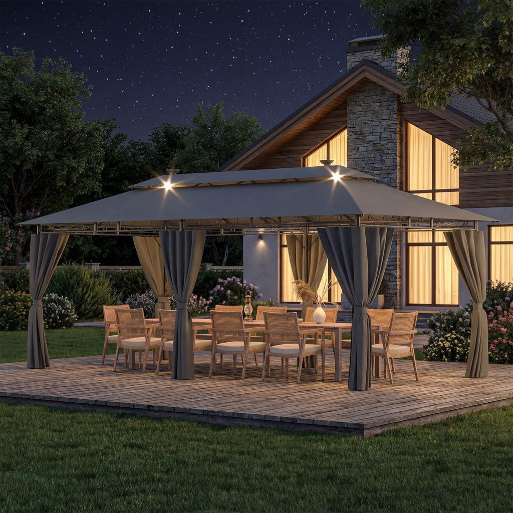 Devoko Garden Pavillon 3x3 Wasserdicht Stabil Winterfest Deluxe Gazebo, UV-Schutz 50+ Doppellagiges Grilpavillons mit seitenwänden für 4-8 Personen, Partyzelt für Freizeit, Partys,Grau mit LED