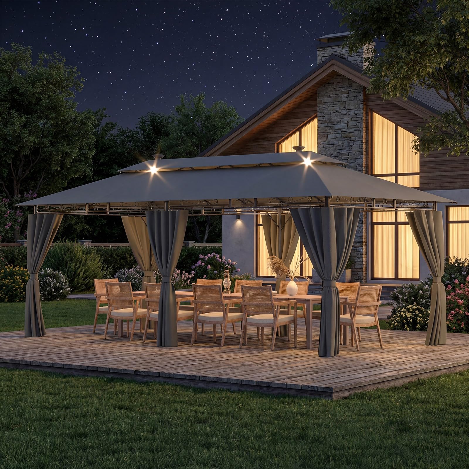 Devoko Garden Pavillon 3x3 Wasserdicht Stabil Winterfest Deluxe Gazebo, UV-Schutz 50+ Doppellagiges Grilpavillons mit seitenwänden für 4-8 Personen, Partyzelt für Freizeit, Partys,Grau mit LED