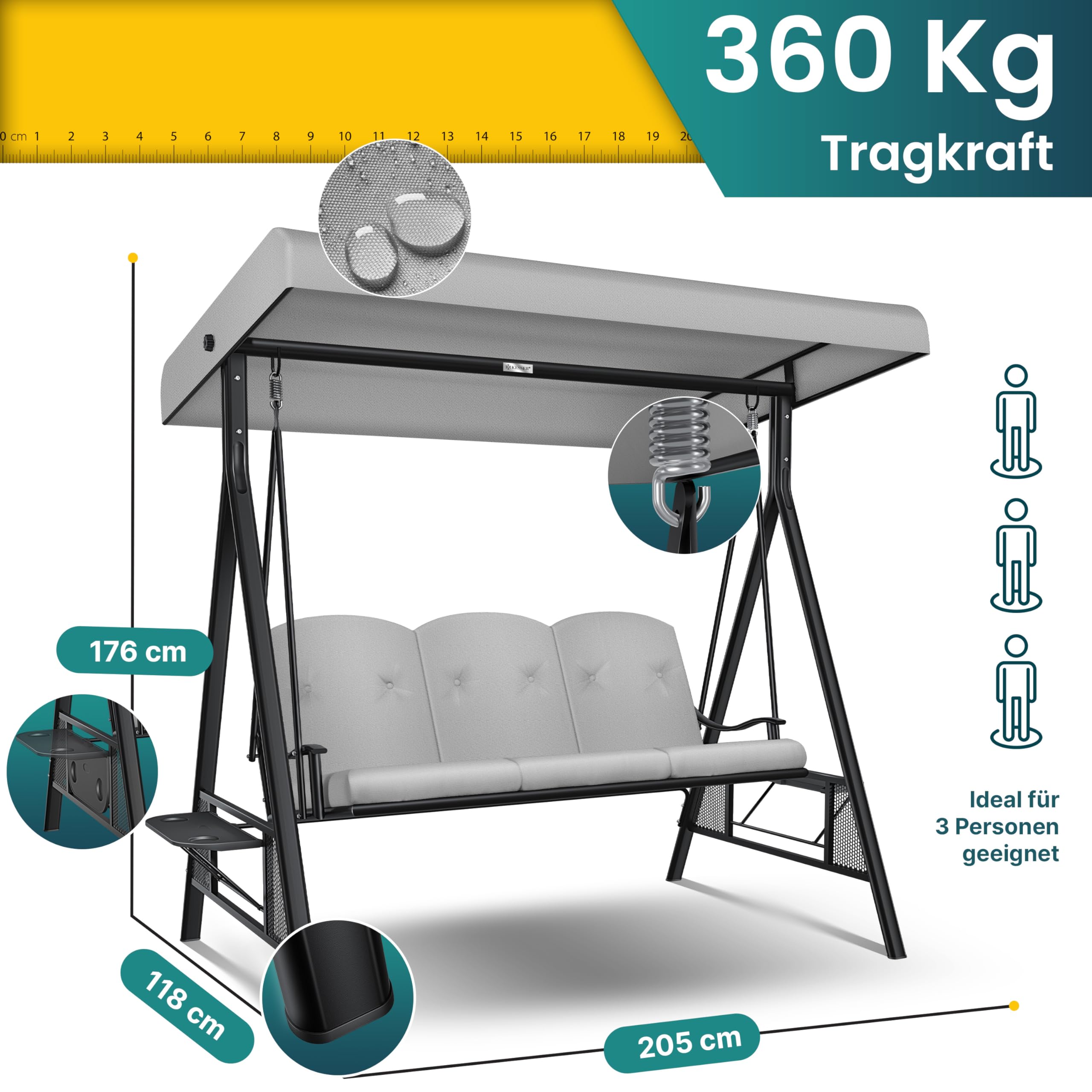 KESSER® Hollywoodschaukel mit Sonnendach 3-Sitzer & Sitzpolster-Auflage | Gartenschaukel bis 360kg belastbar | Gartenliege mit Anti-Rutsch-Füßen | Schaukelbank wasserabweisend für Outdoor & Indoor