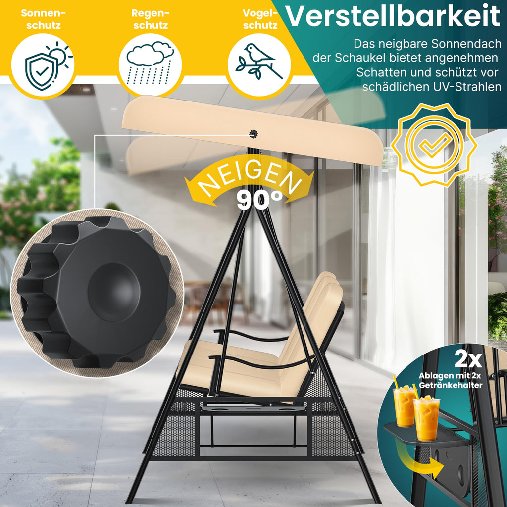 KESSER® Hollywoodschaukel mit Sonnendach 3-Sitzer & Sitzpolster-Auflage | Gartenschaukel bis 360kg belastbar | Gartenliege mit Anti-Rutsch-Füßen | Schaukelbank wasserabweisend für Outdoor & Indoor