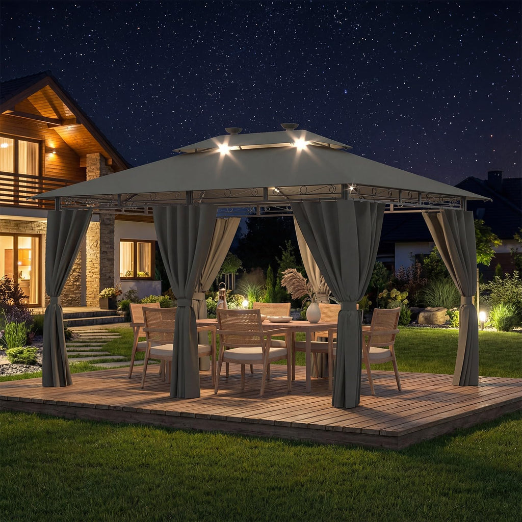 Devoko Garden Pavillon 3x3 Wasserdicht Stabil Winterfest Deluxe Gazebo, UV-Schutz 50+ Doppellagiges Grilpavillons mit seitenwänden für 4-8 Personen, Partyzelt für Freizeit, Partys,Grau mit LED